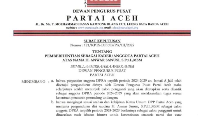 Tak Hanya Cek Mad, Keuchik Wan Juga Diberhentikan dari Partai Aceh