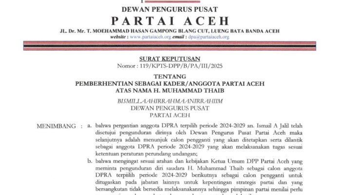 Mantan Bupati Aceh Utara Cek Mad Diberhentikan sebagai Kader Partai Aceh, Terkait PAW DPRA?