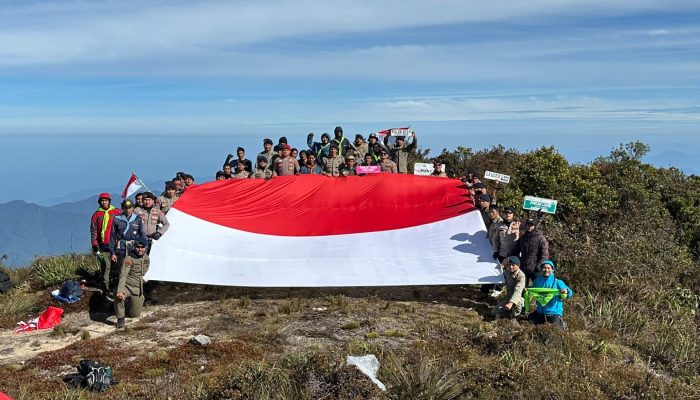 Tim Ekspedisi Hari Bhayangkara Bentangkan Merah Putih di Puncak Gunung Leuser