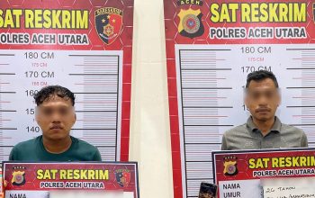 Terduga pelaku judol beserta barang bukti berupa telepon genggam, diamankan di Mapolres Aceh Utara, Lhoksukon