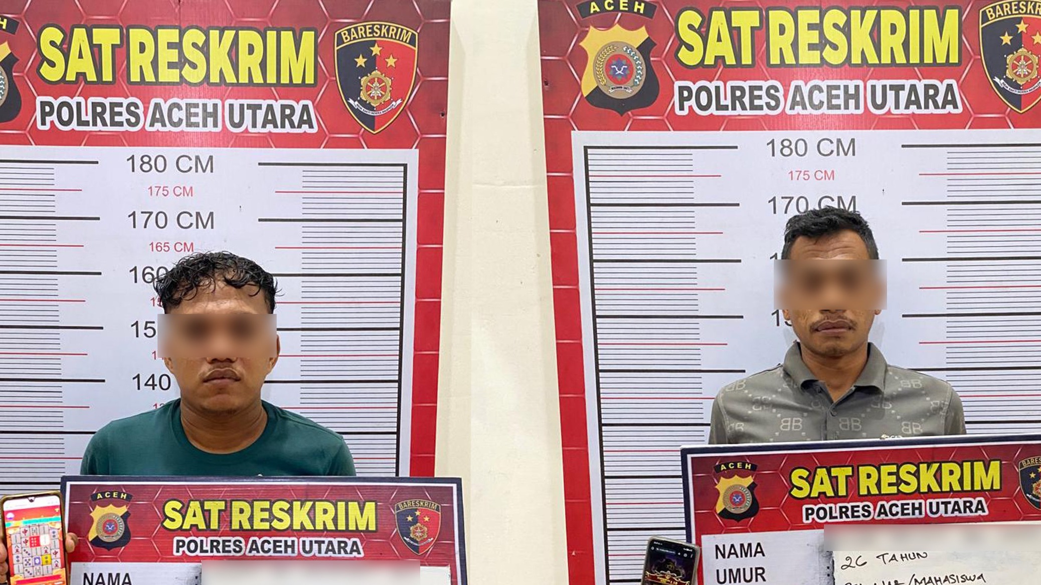 Terduga pelaku judol beserta barang bukti berupa telepon genggam, diamankan di Mapolres Aceh Utara, Lhoksukon