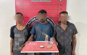 Tiga tersangka dan barang bukti sabu yang disita telah diamankan di Mapolres Aceh Utara, Lhoksukon