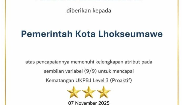Pemko Lhokseumawe Raih Penghargaan Kematangan UKPBJ Level Proaktif