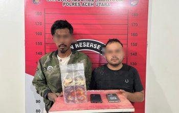 Dua tersangka peredaran narkotika jenis sabu bersama barang bukti kini diamankan di Mapolres Aceh Utara, Lhoksukon