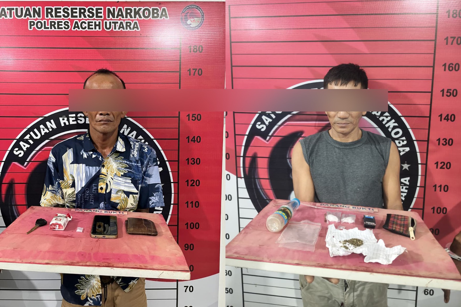 Dua pria terduga pelaku tindak pidana narkotika bersama barang bukti diamankan di Rutan Polres Aceh Utara, Lhoksukon